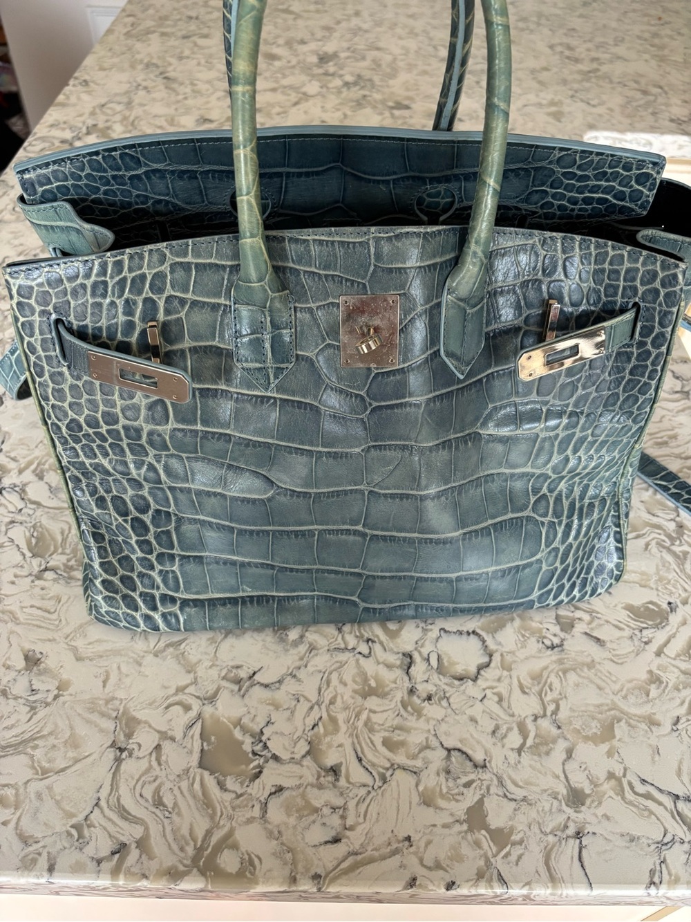 Birkin Designer-Style Croc Embossed Tote Bag in Teal Green - Picture 2 of 10